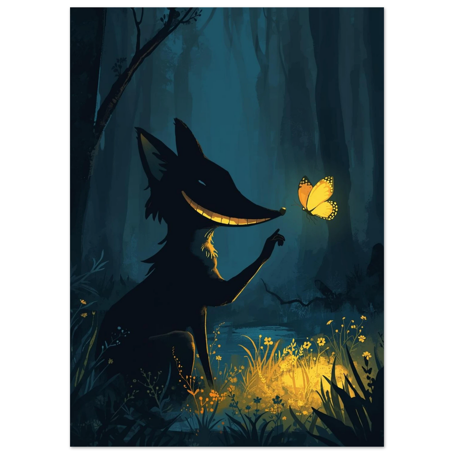 Digital illustration av räv i mörkblå skog med glödande blommor