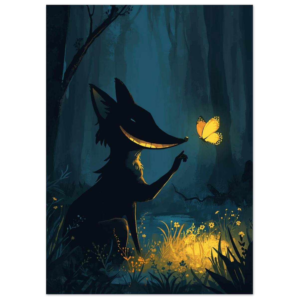 Digital illustration av räv i mörkblå skog med glödande blommor