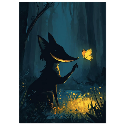 Digital illustration av räv i mörkblå skog med glödande blommor