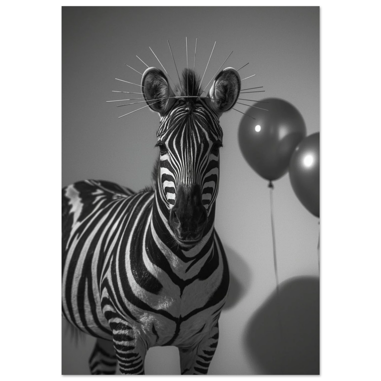 Zebra med taggig gloria och mörkröda ballonger i surrealistisk fotostil