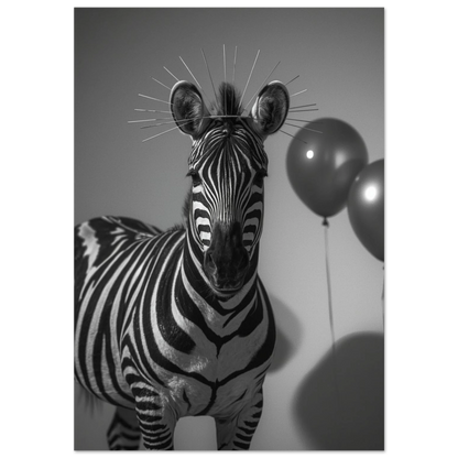 Zebra med taggig gloria och mörkröda ballonger i surrealistisk fotostil