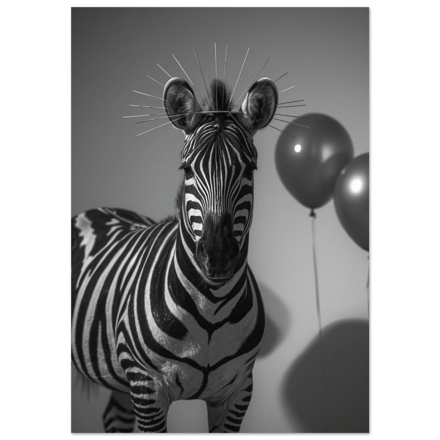 Zebra med taggig gloria och mörkröda ballonger i surrealistisk fotostil