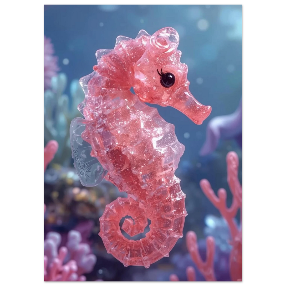 Transparent rosa sjöhästfigur med glitterdetaljer i havet – konstnärlig djurposter