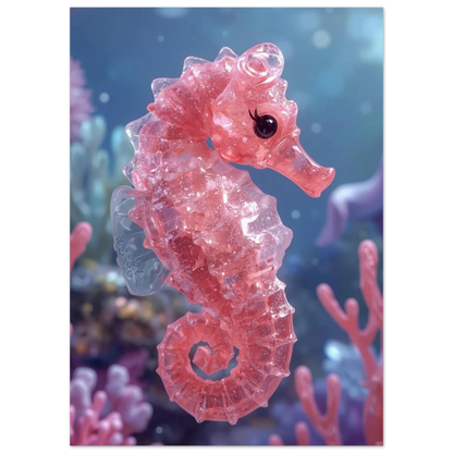 Transparent rosa sjöhästfigur med glitterdetaljer i havet – konstnärlig djurposter