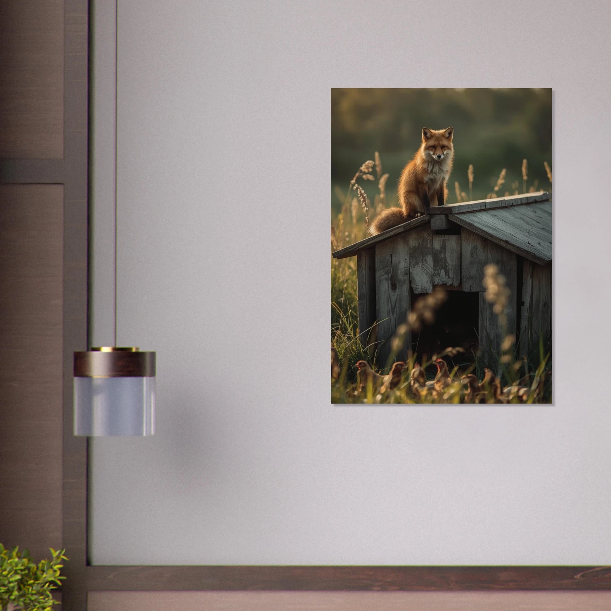Utsnitt av rävposter med hönshus på vägg i modernt rum – Fotorealistisk poster