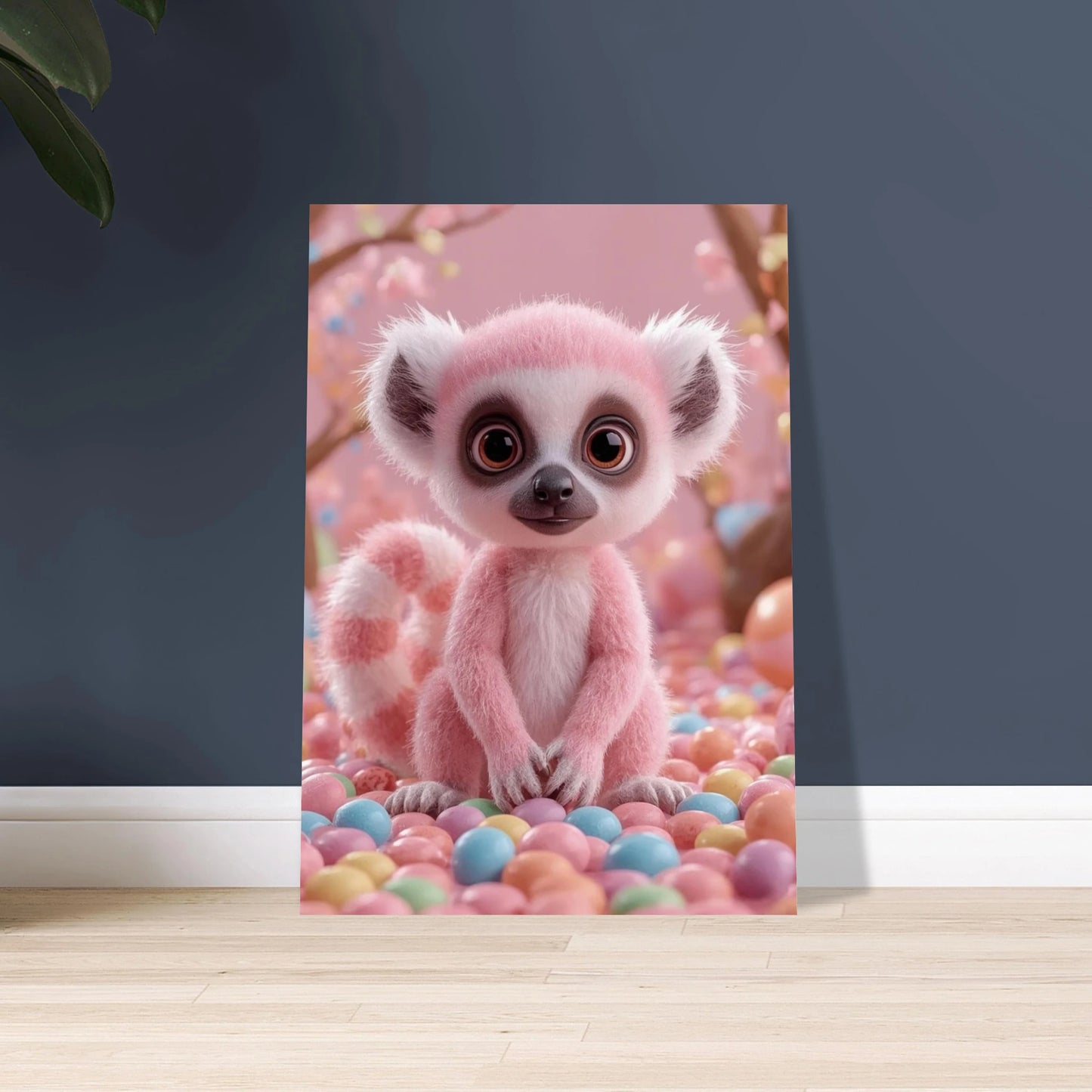 Söt rosa lemur bland färgglada godisbitar, lekfullt djurmotiv