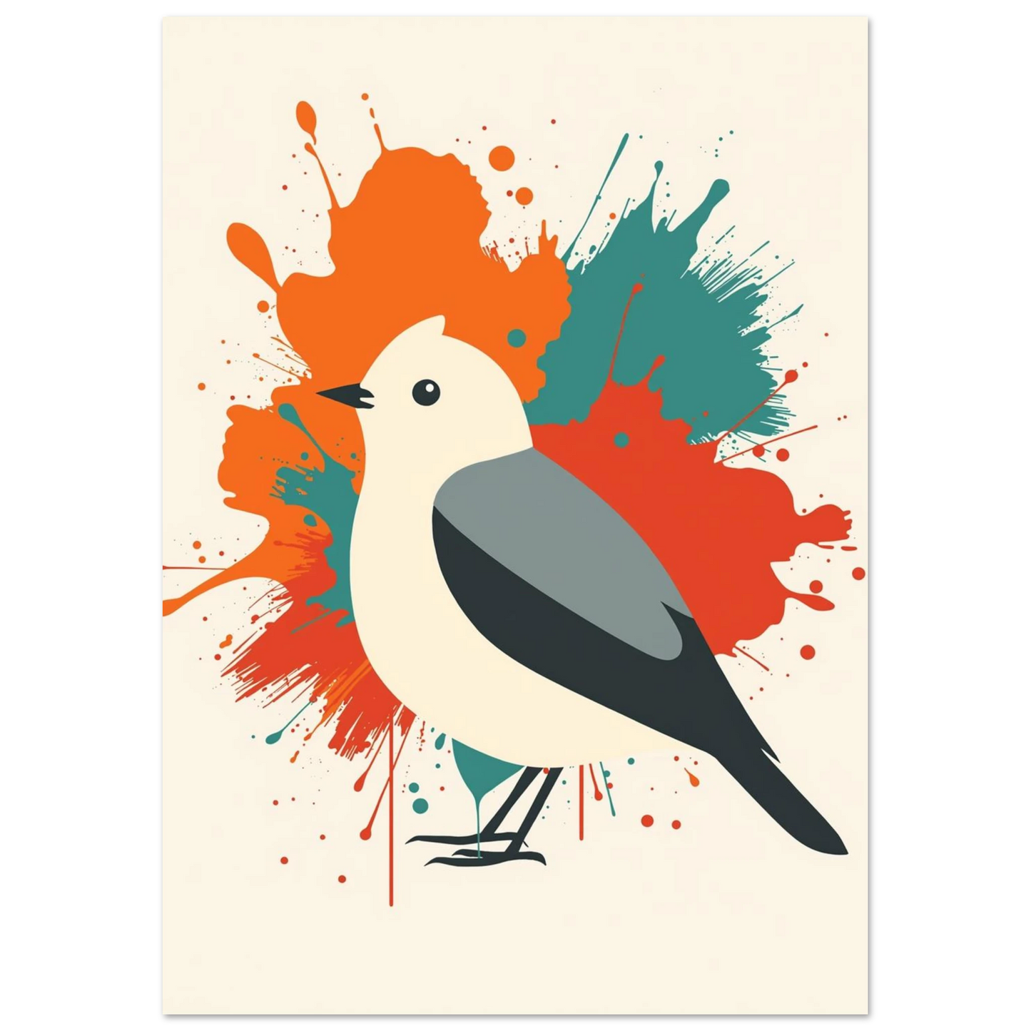 Minimalistisk fågelposter med konstnärliga stänk i varma och kalla toner