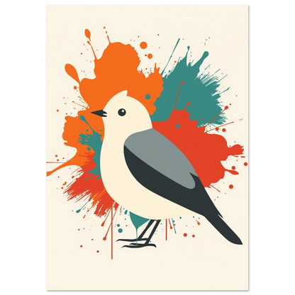 Minimalistisk fågelposter med konstnärliga stänk i varma och kalla toner
