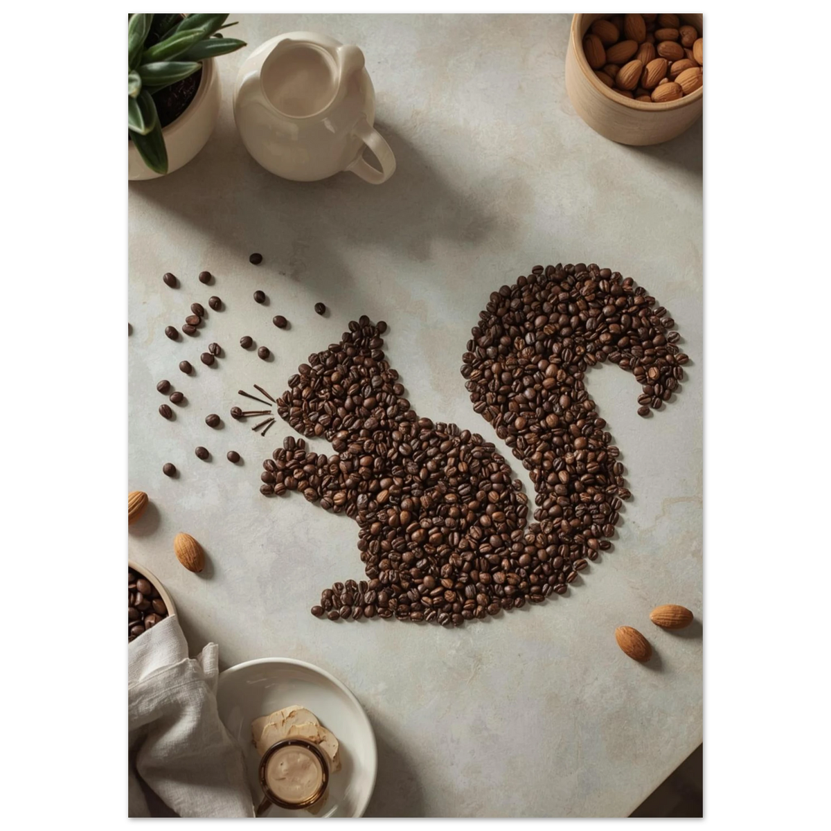 Djurposter med kaffebönor formade som en ekorre, elegant vit ram