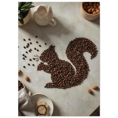Djurposter med kaffebönor formade som en ekorre, elegant vit ram