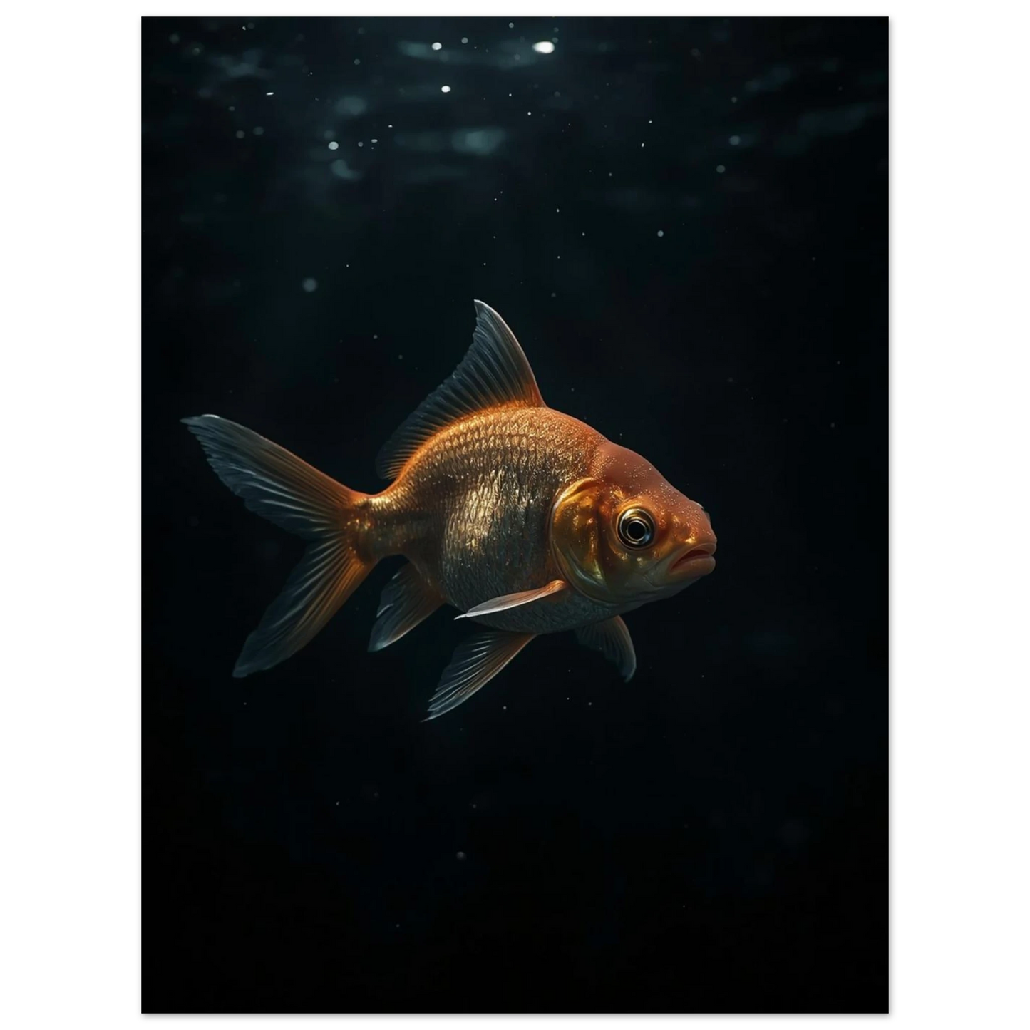 Detaljrik bild av en guldfisk i ett mystiskt akvarielandskap – djurmotiv