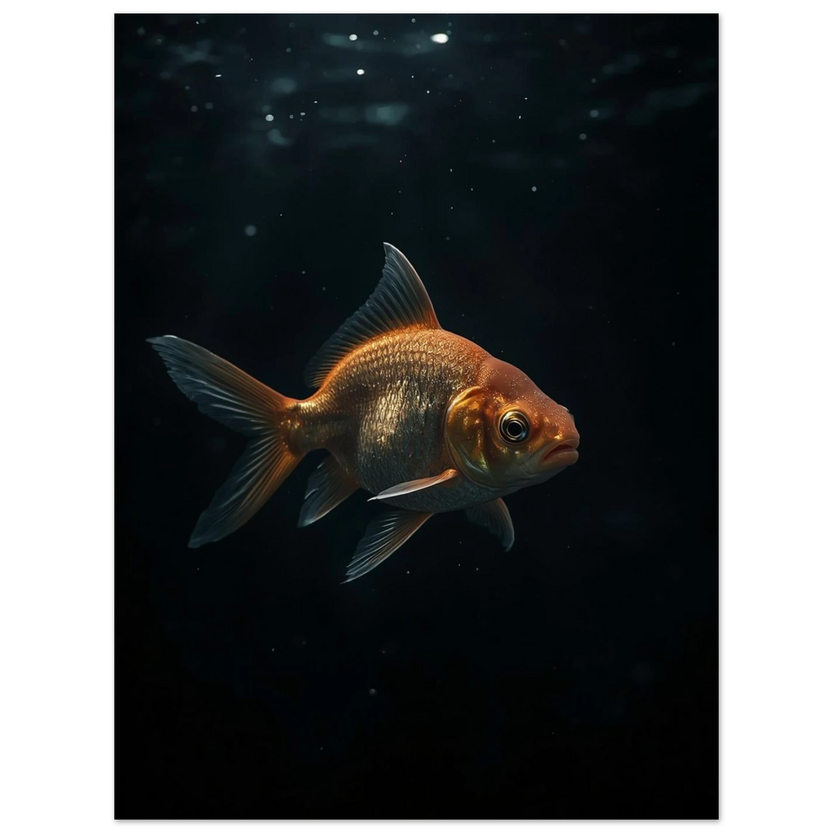 Detaljrik bild av en guldfisk i ett mystiskt akvarielandskap – djurmotiv