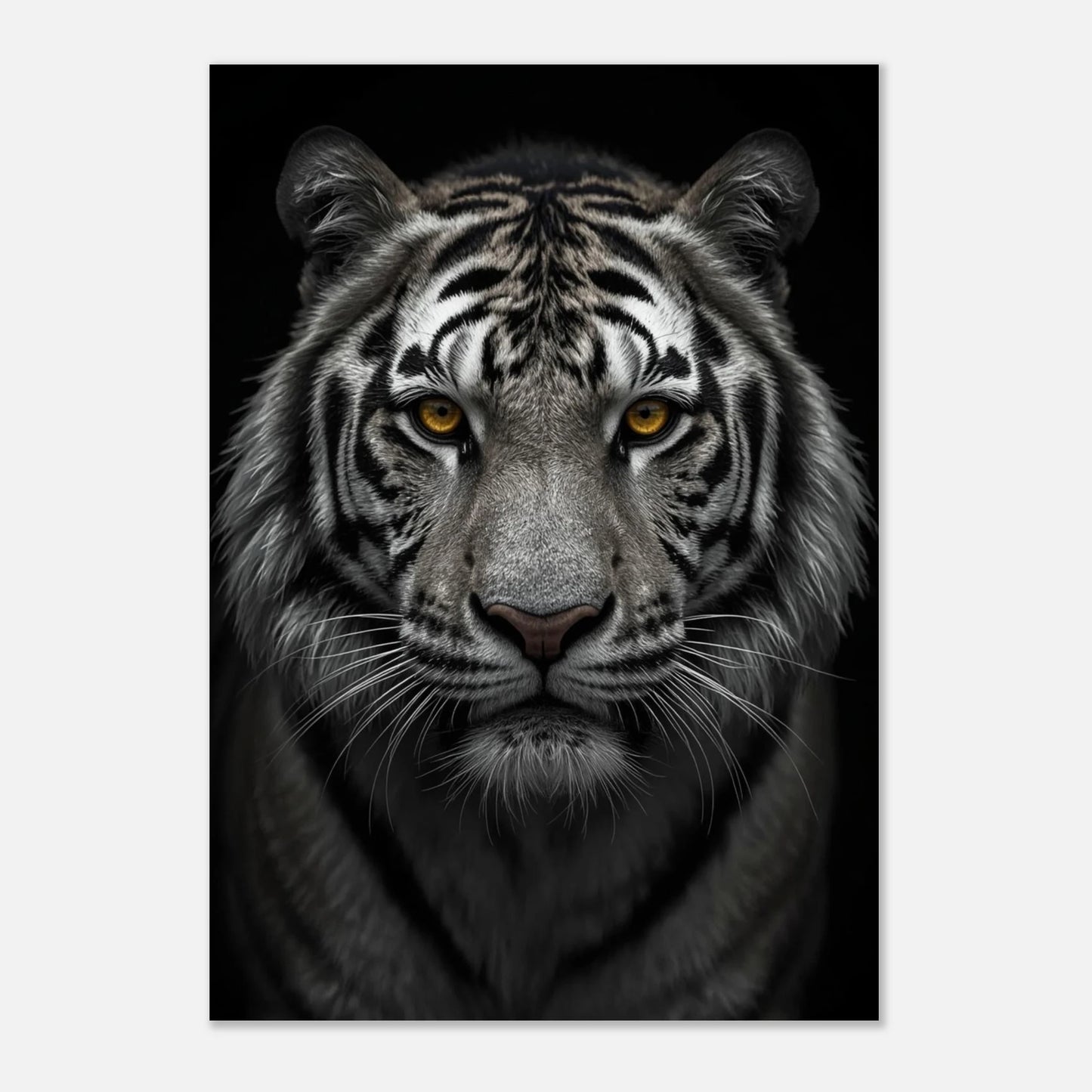 Svartvitt fototryck av en tiger med lysande ögon monterad på vägg