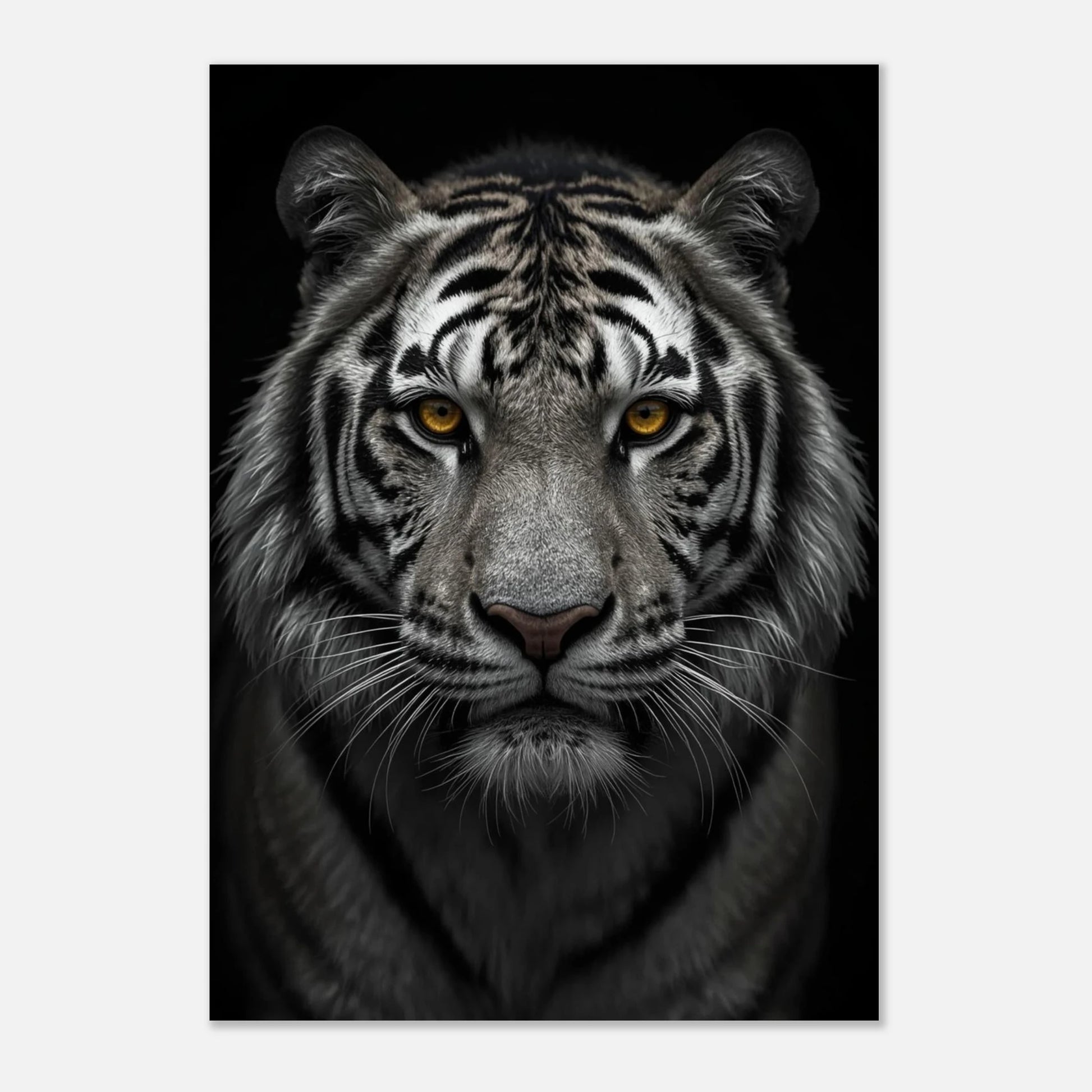 Svartvitt fototryck av en tiger med lysande ögon monterad på vägg