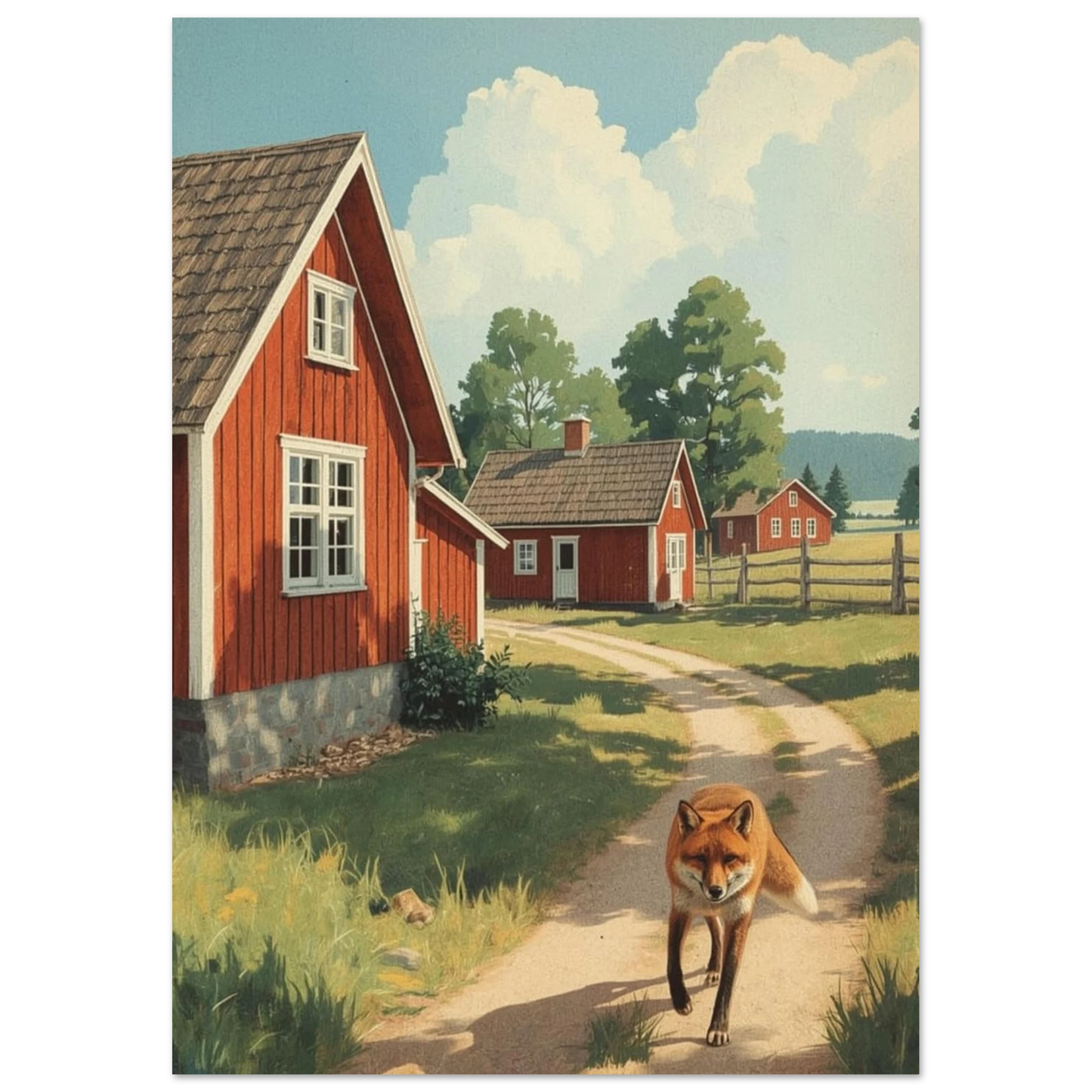 Somrig rävposter med faluröda stugor och blå himmel, konsttryck
