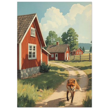 Somrig rävposter med faluröda stugor och blå himmel, konsttryck