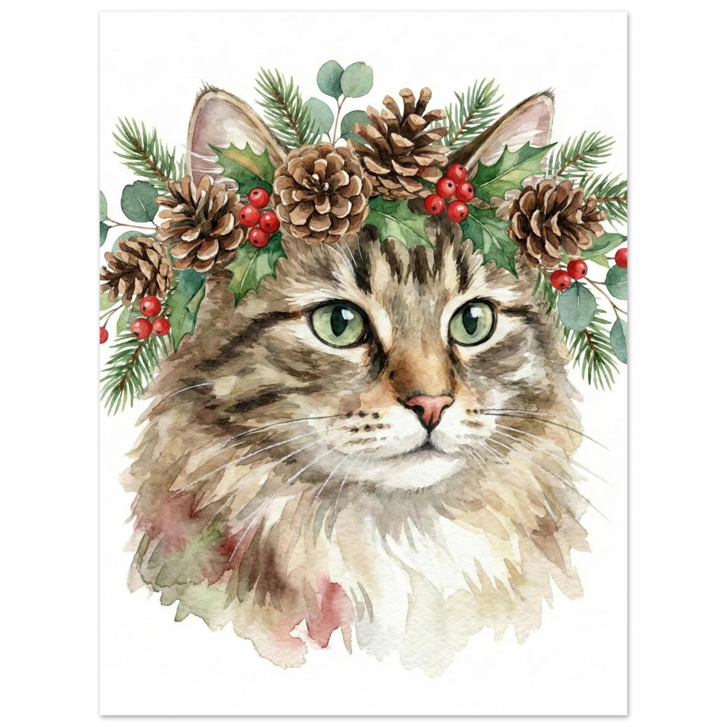 Vinterinspirerad djurposter med en katt i dekorativ julkrans, handmålad stil