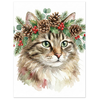 Vinterinspirerad djurposter med en katt i dekorativ julkrans, handmålad stil