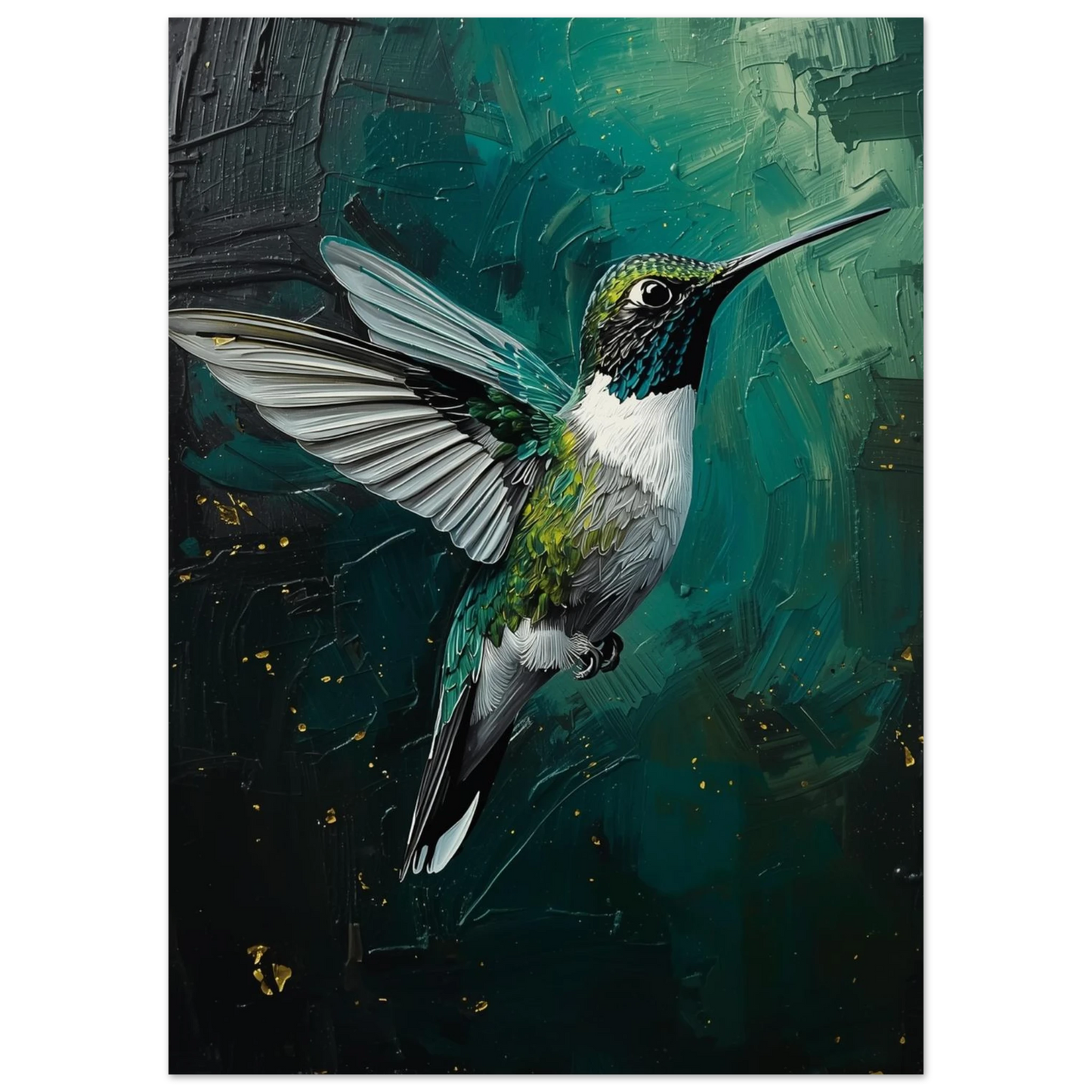 Närbild på texturerad oljemålning av kolibri med detaljerade vingslag i vitt