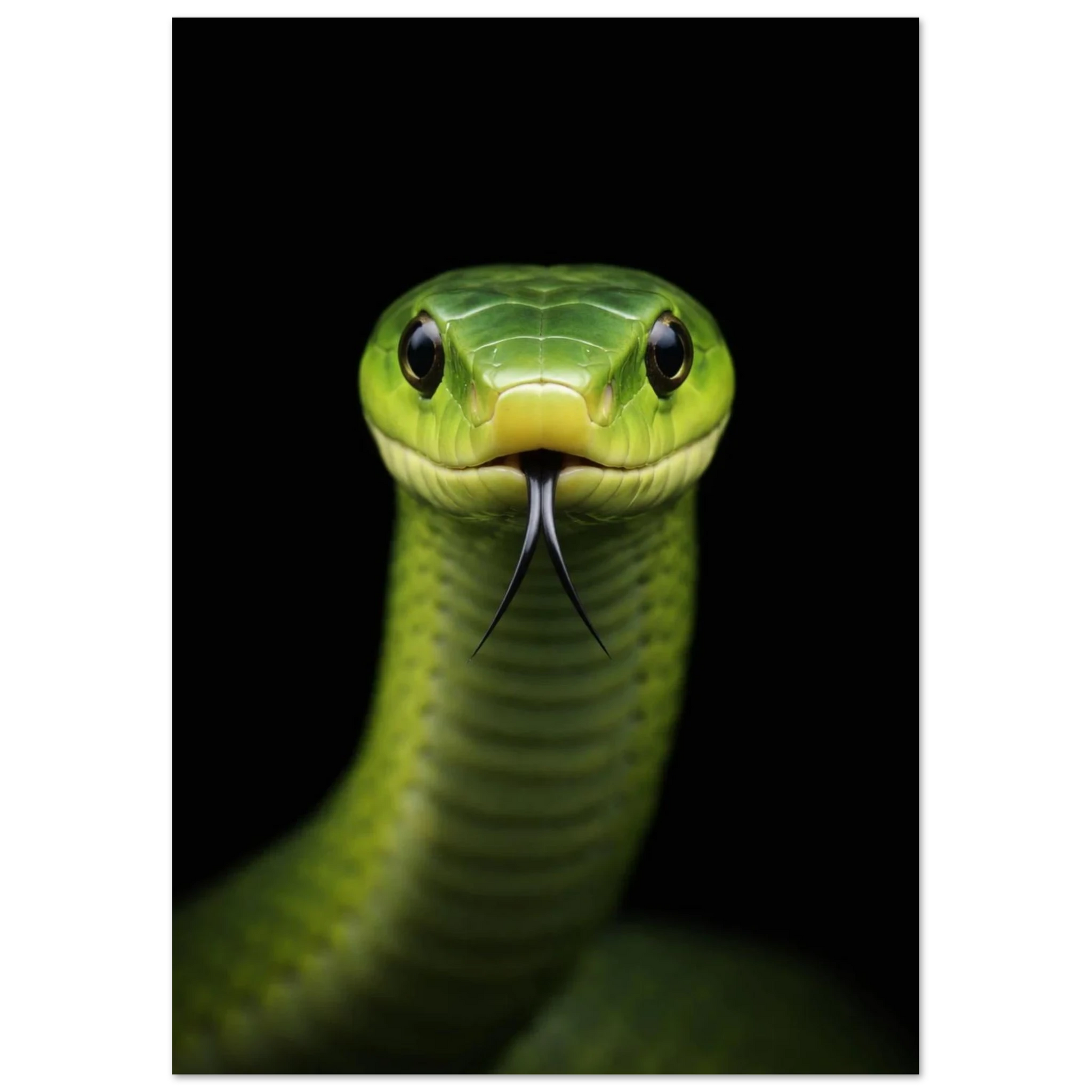 Närbild på Grön Mamba som ser rakt fram med tungan ute – Fotorealistisk poster