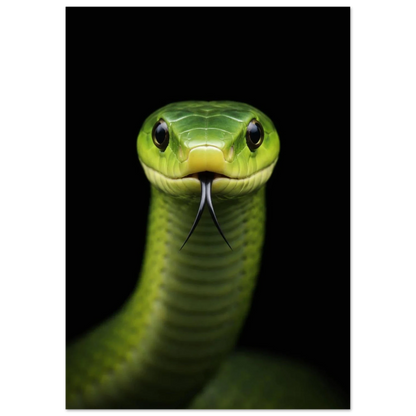 Närbild på Grön Mamba som ser rakt fram med tungan ute – Fotorealistisk poster