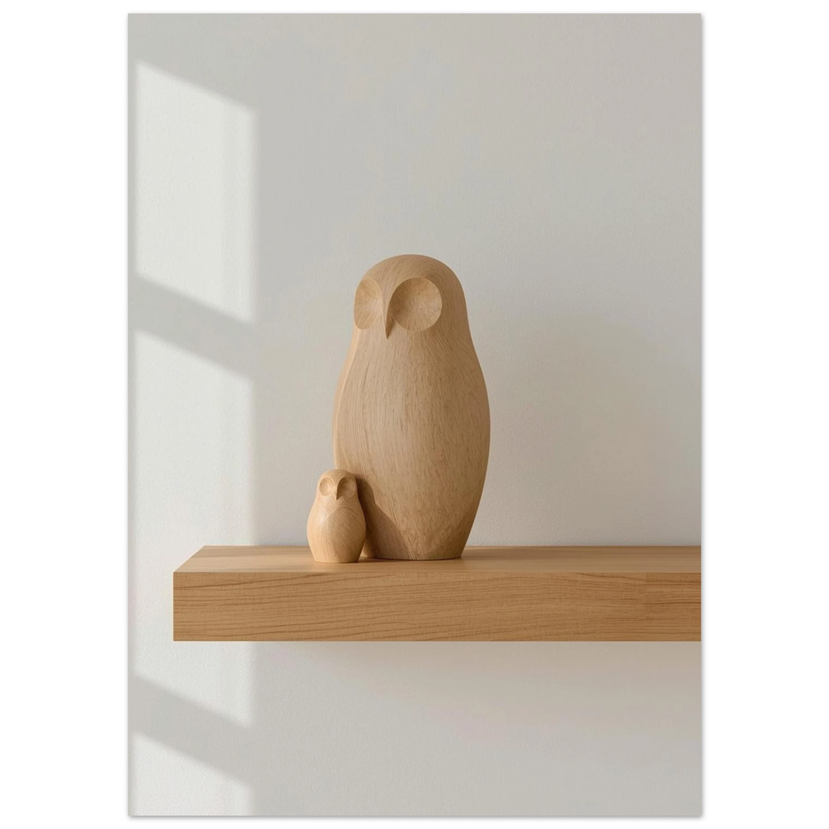 Närbild på ugglefigurer i ljust träslag mot vit vägg