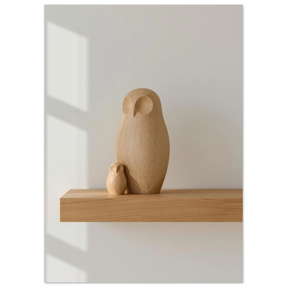 Närbild på ugglefigurer i ljust träslag mot vit vägg