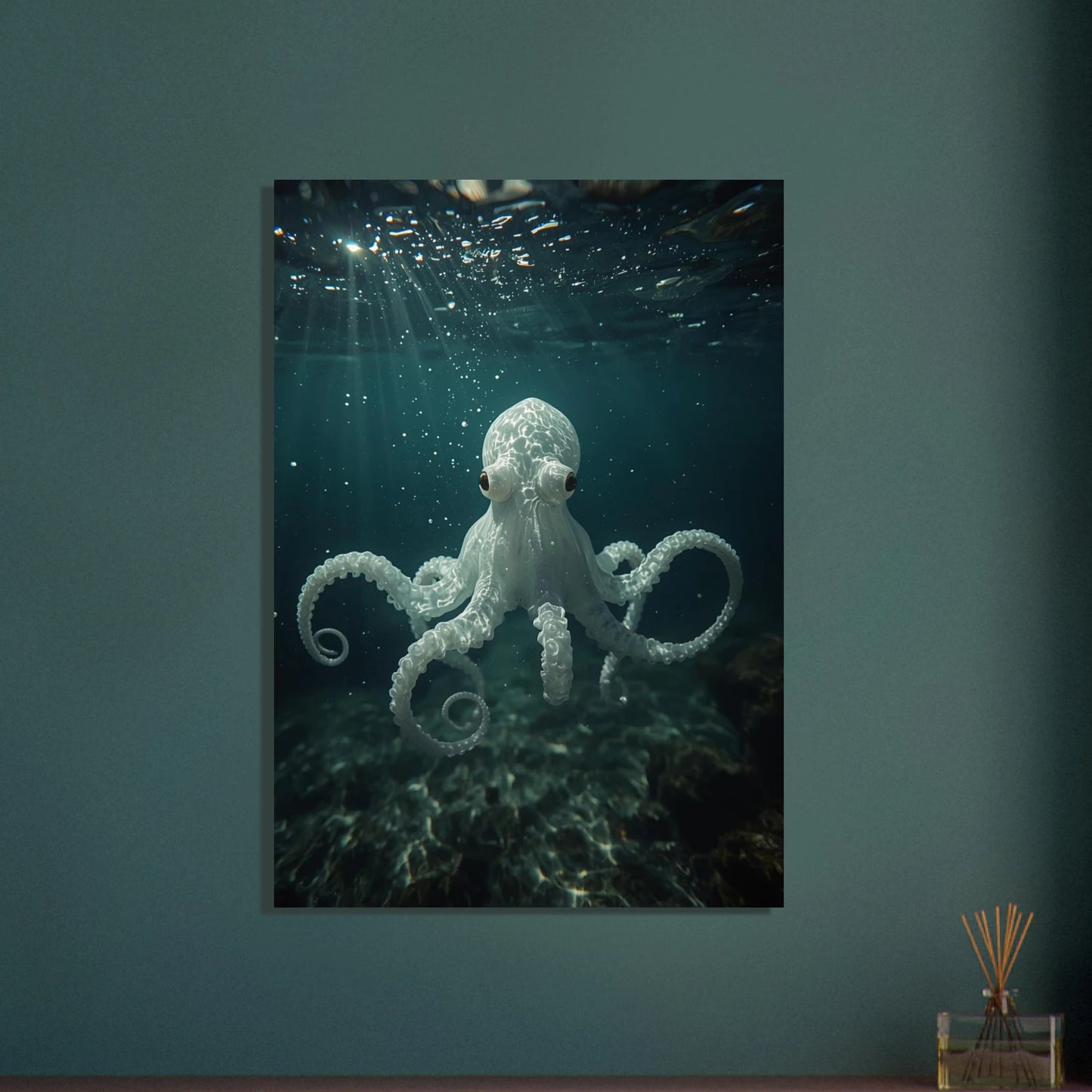 Albino bläckfisk svävar i havets djup, eterisk och mystisk.