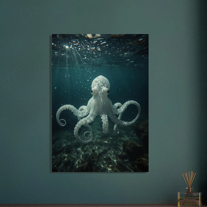 Albino bläckfisk svävar i havets djup, eterisk och mystisk.