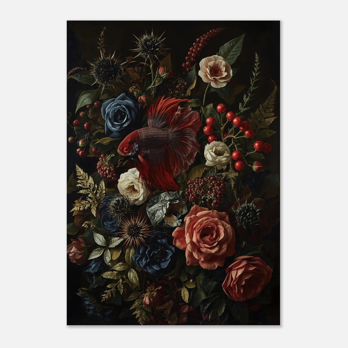Röd kampfisk i barockinspirerat stilleben med mörka blommor och bär.