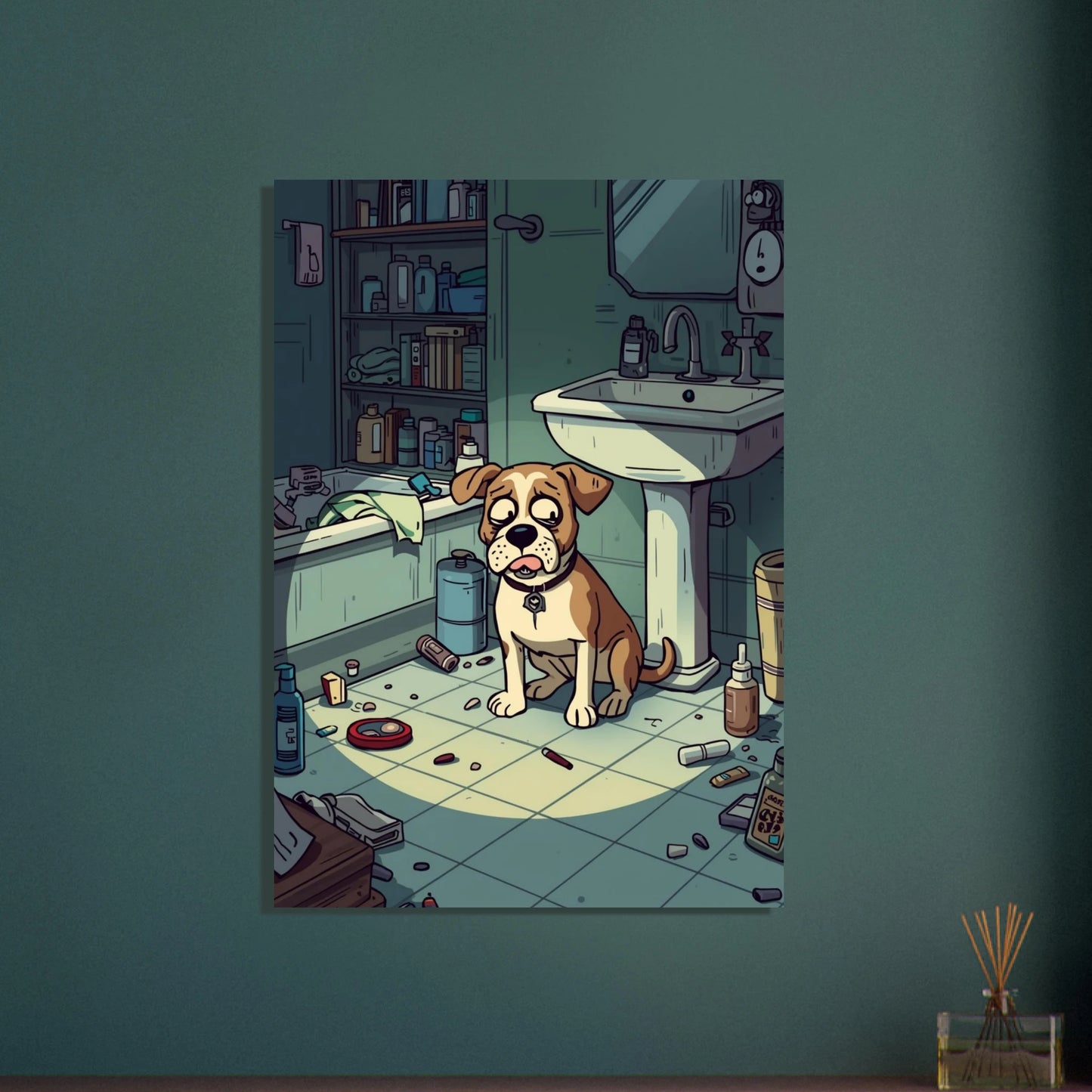 Söt hund med oskyldig blick i stökigt badrum, humoristisk illustration.