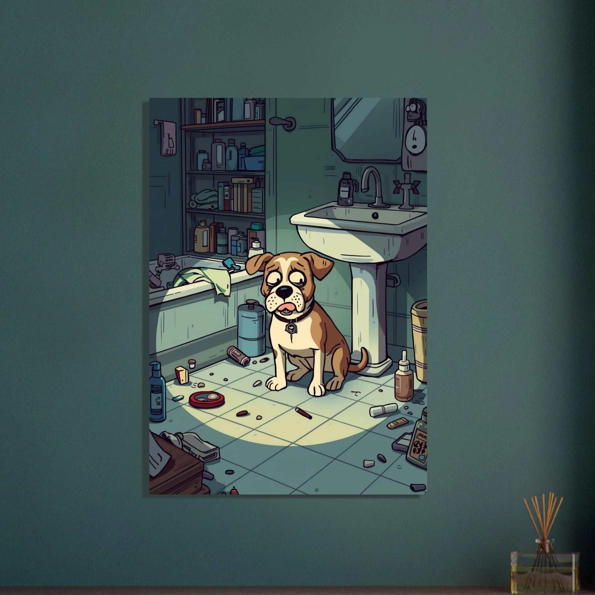 Söt hund med oskyldig blick i stökigt badrum, humoristisk illustration.