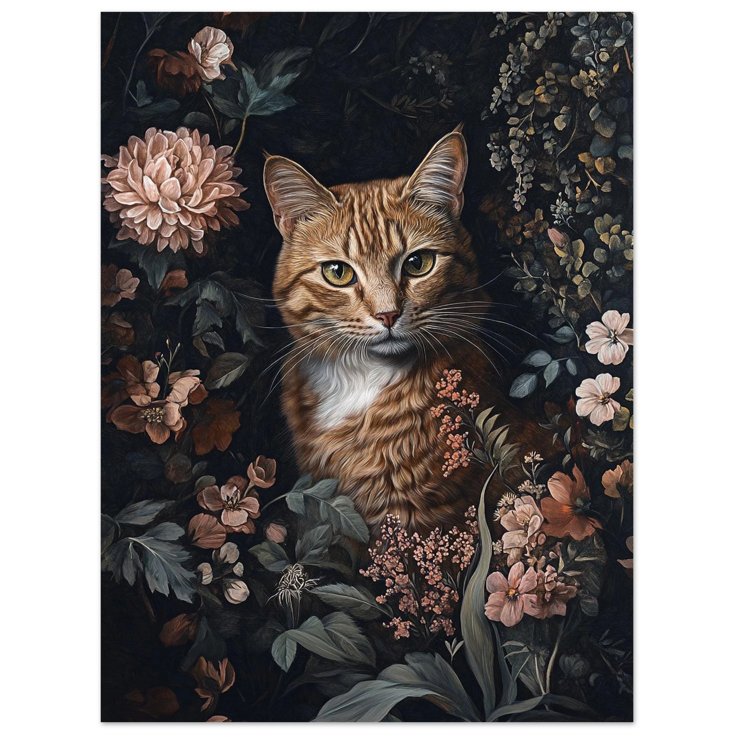 Detaljrik illustration av en vaksam katt i ett blomsterarrangemang, mörk bakgrund