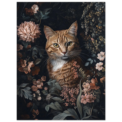 Detaljrik illustration av en vaksam katt i ett blomsterarrangemang, mörk bakgrund