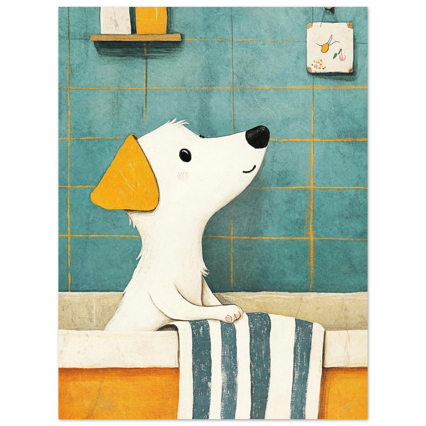 Digital illustration av en hund med randig handduk i badrum – BILD 4
