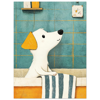 Digital illustration av en hund med randig handduk i badrum – BILD 4