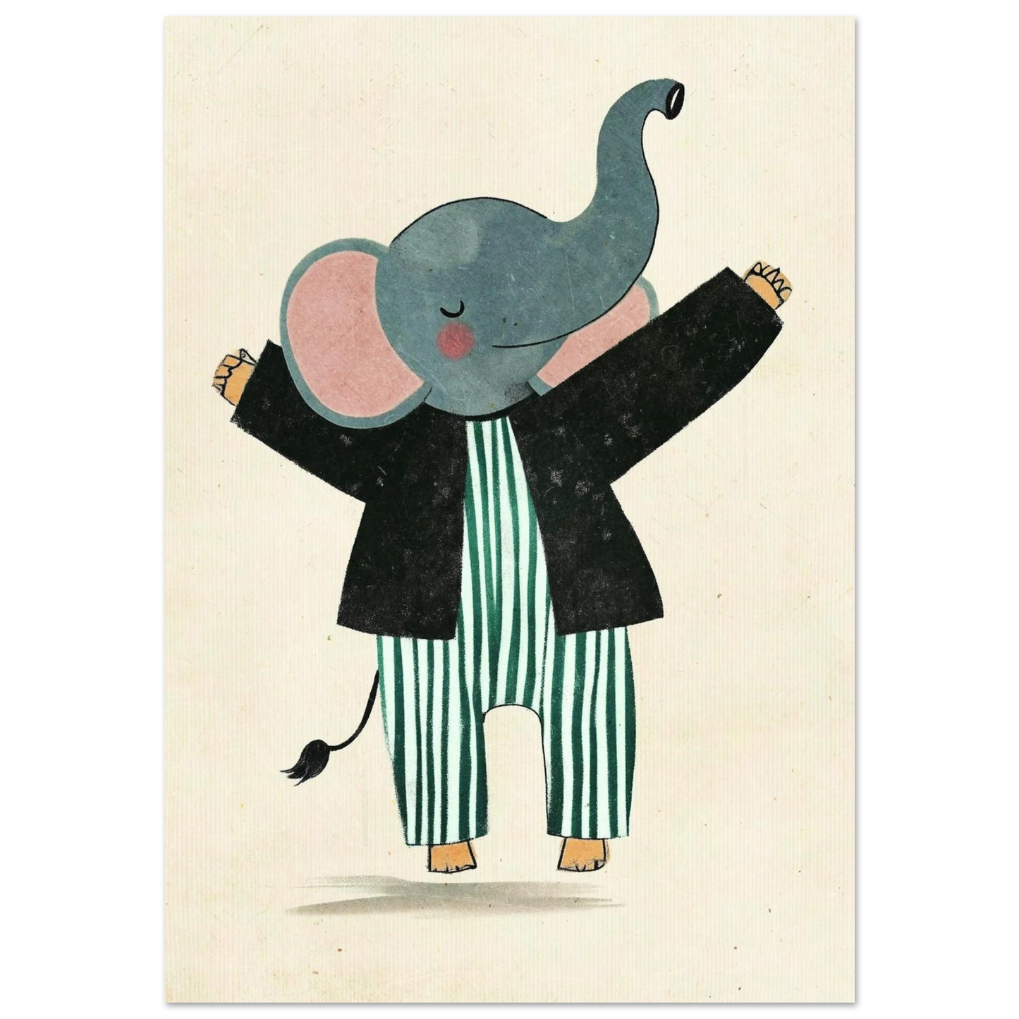 Illustration av en glad elefant i grönrandiga pyjamasbyxor och svart kavaj