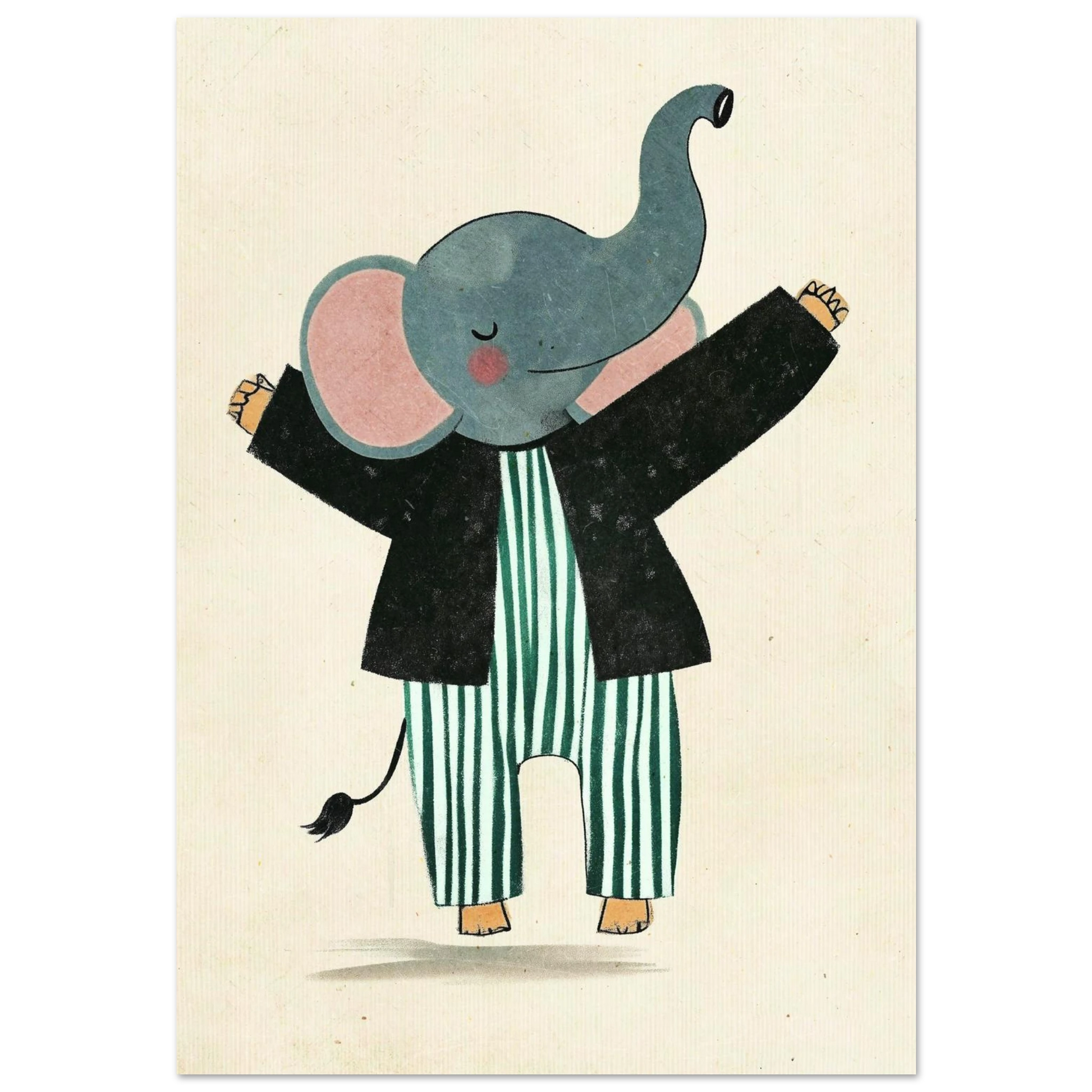 Illustration av en glad elefant i grönrandiga pyjamasbyxor och svart kavaj