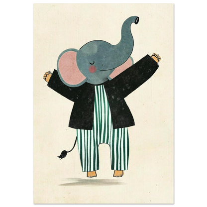 Illustration av en glad elefant i grönrandiga pyjamasbyxor och svart kavaj