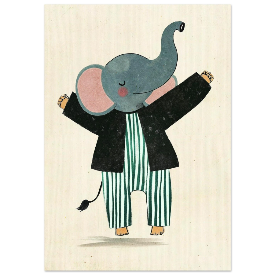 Illustration av en glad elefant i grönrandiga pyjamasbyxor och svart kavaj