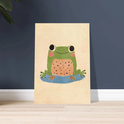 Lekfull groda med stora ögon och rosiga kinder, handritad stil