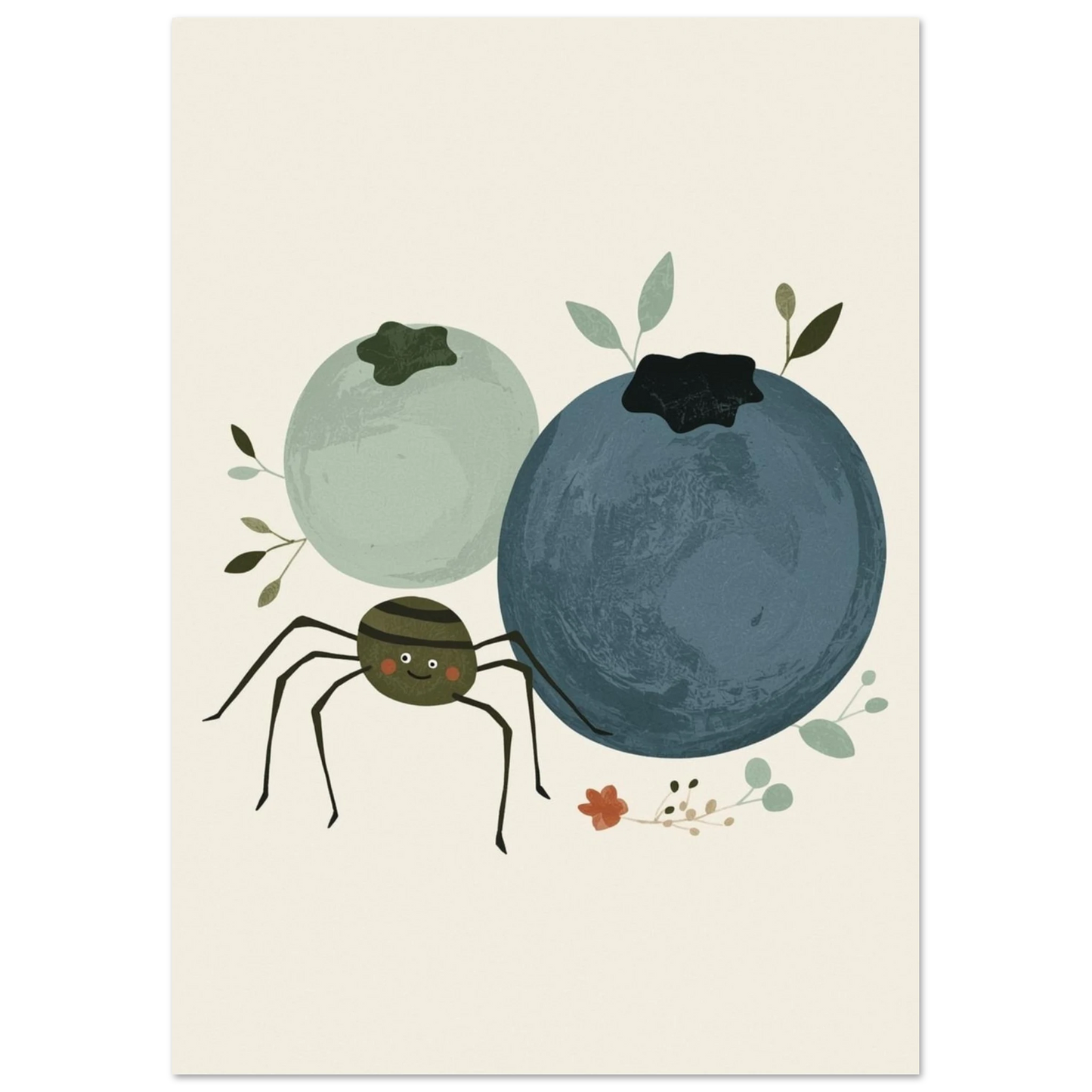 Tecknad bild av en leende spindel med randig kropp intill två blåbär och små blad – Tecknad poster