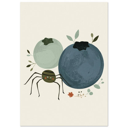 Tecknad bild av en leende spindel med randig kropp intill två blåbär och små blad – Tecknad poster