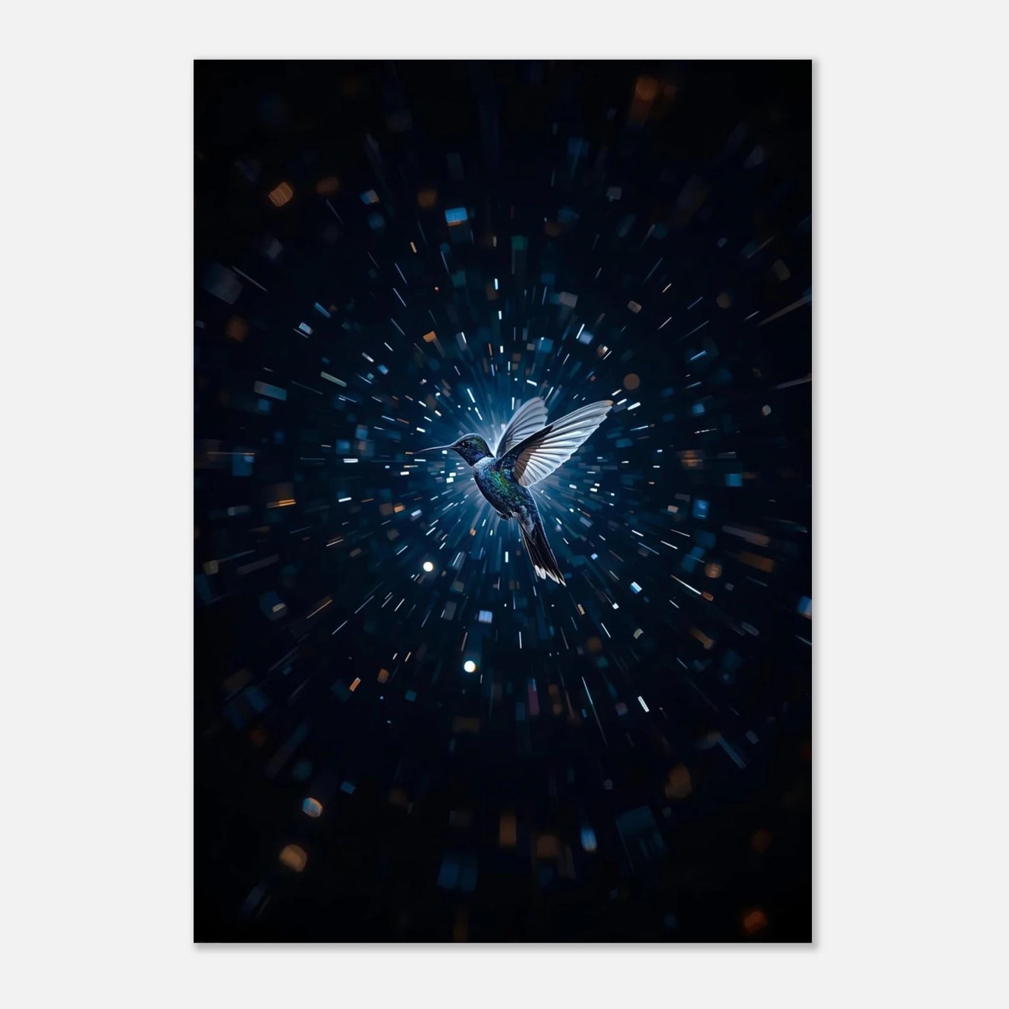 Modern poster med kolibri i ett futuristiskt och drömlikt ljusspel – canvastryck