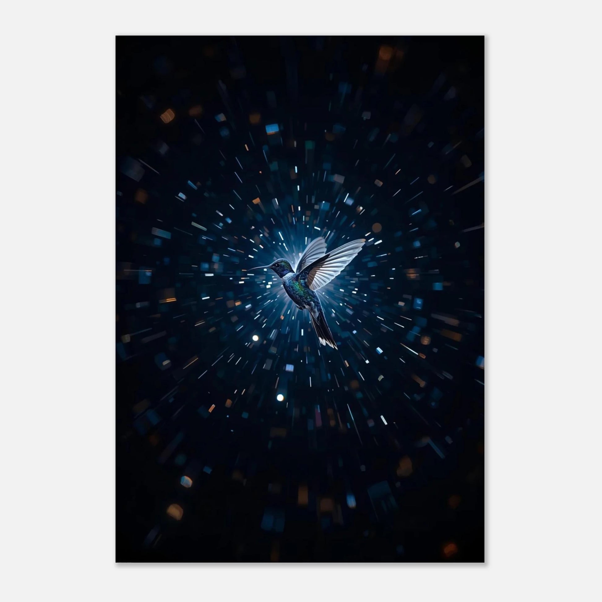 Modern poster med kolibri i ett futuristiskt och drömlikt ljusspel – canvastryck