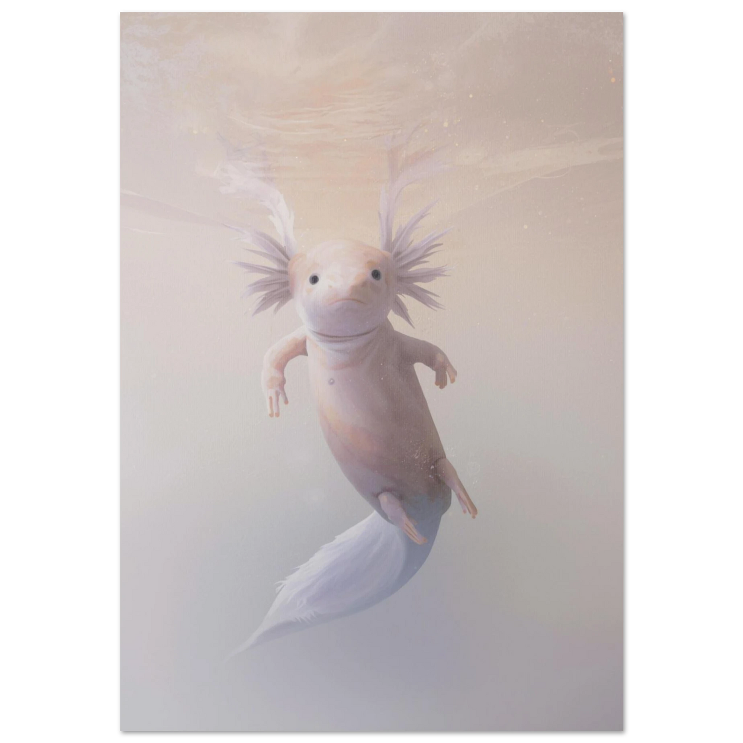 Rosa axolotl svävande i ljusrosa vatten – harmonisk akvarellmålning av djur