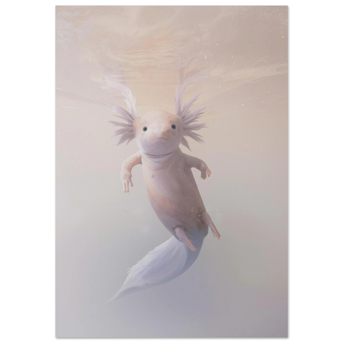 Rosa axolotl svävande i ljusrosa vatten – harmonisk akvarellmålning av djur