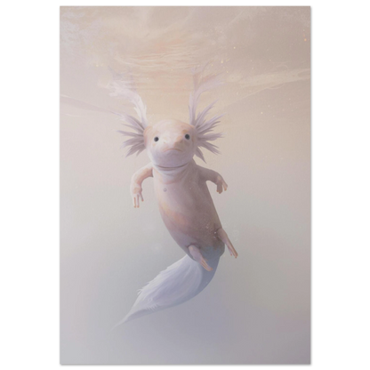 Rosa axolotl svävande i ljusrosa vatten – harmonisk akvarellmålning av djur