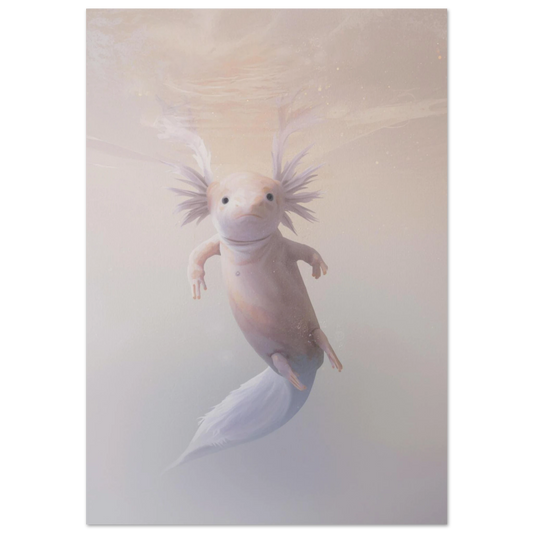 Rosa axolotl svävande i ljusrosa vatten – harmonisk akvarellmålning av djur