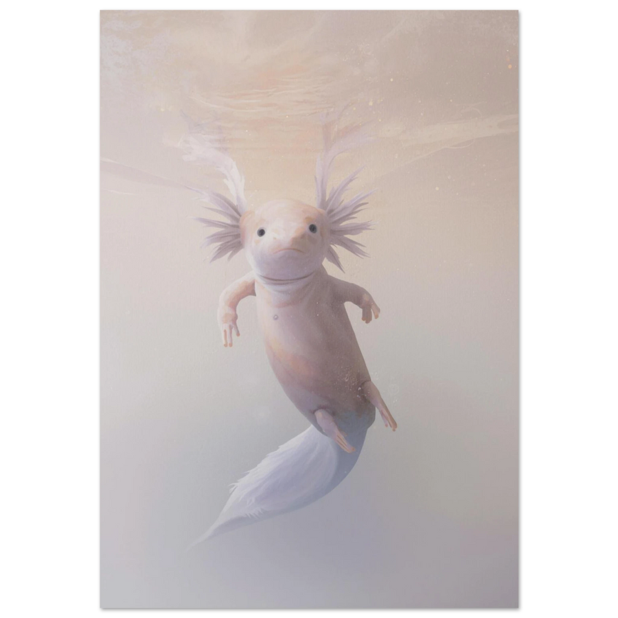 Rosa axolotl svävande i ljusrosa vatten – harmonisk akvarellmålning av djur